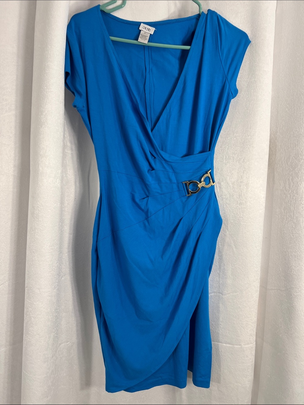 Cache Royal Blue Faux-Wrap Midi Dress with Gold Accent